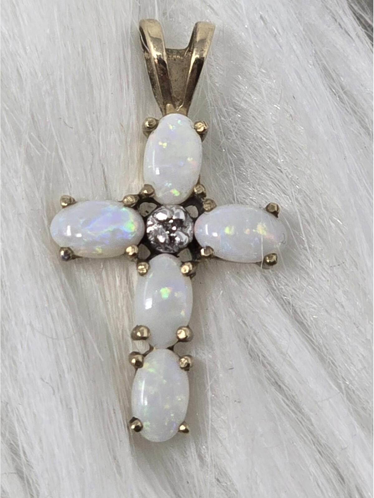 10k Yellow Gold Opal Diamond Cross Pendant 6 Opals Petite